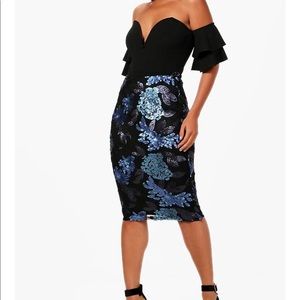 BOOHOO Sequin Floral Midi Skirt